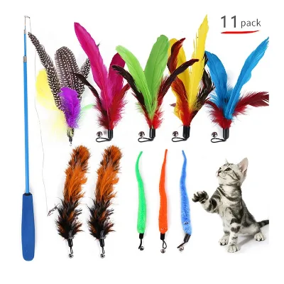 Variety 11 Packs Feather With Retractable Teaser Wand Playing Pet Products Wholesale Customized Interactive Scratcher Cat Toy