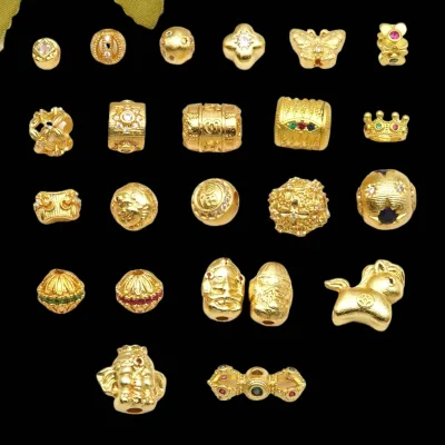 Ancient-Style Sandblasted Color-Preserving Gold Beads With Meander-Patterned Six-Character Mantra, Wooden Horse, Vajra, Interloc