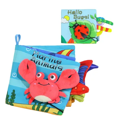 Soft Fabric Animal Tails Cloth Book Baby Education Toy Featuring Bugs Marine Animals and a Crab-N074