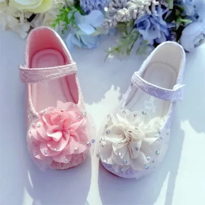 Girls' Pink white rose diamond wedding party Shoes girl Floral Lace   Comfortable   Shoes