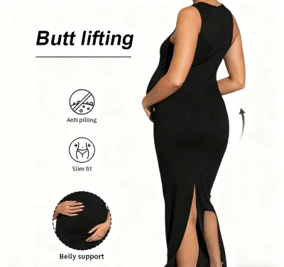 Butt Lifting Slim-Fit Knit Maternity Midi Dress Sleeveless Bodycon Split Hem Women Dress