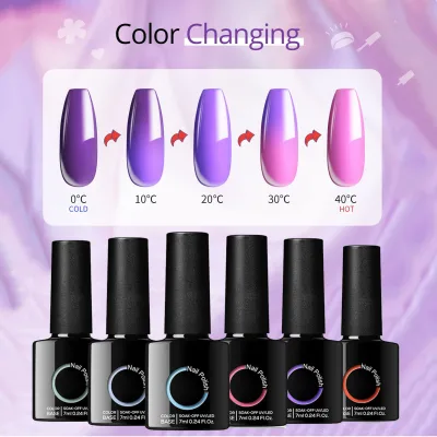 Long Lasting Soak Off Manicure Kit 6-Color Temperature Reactive Red Pink Purple Gel Polish Color Changing Gel Nail Polish Set