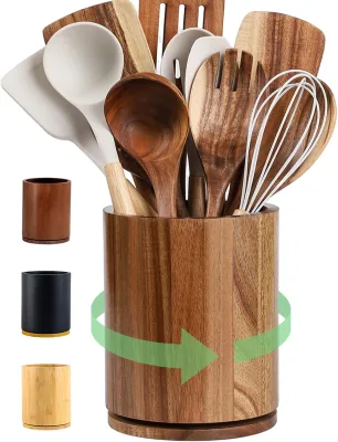 Wooden Utensil Holder 360°Rotating Large Utensil Holder Organizer Utensil Crock Kitchens