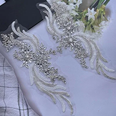 Rhinestone Appliques 3D Flower Lace Sew-On Crystal Fabric Collar Wedding Bridal Gown Dress