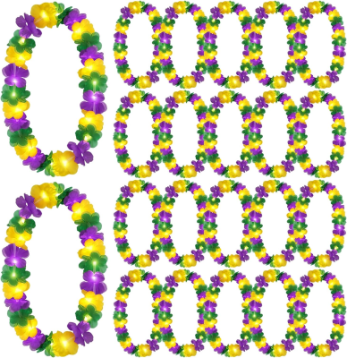 Rainbow Mardi Gras Lei Light up Flower Necklace LED Hawaiian Leis for Masquerade Fat Tuesday Party