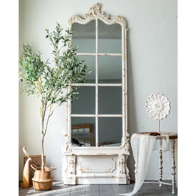 European White Solid Wood Retro Floor Standing Wooden Decorative Furniture Carve Wood Mirrors