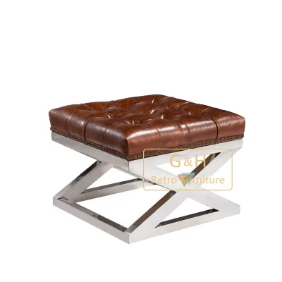 Modern Leatherette Ottoman with Polished Stainless Steel Base Furniture for Living Room