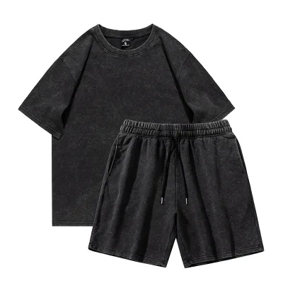 2023 Plain Wholesale T Shirt and Shorts Set Men Oversize Black Washed Summer Casual Short Set Resort Wear
