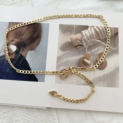 Elegant Ladies Adjustable Thin Link Waist Chain Belt Metal Gold Pin Buckle Waistband for Women