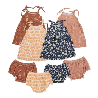 Factory Price New Fashion Lace-Up Baby Girls Dress Suit Set Custom Printing Sleeveless Made Bamboo Viscose Fabric