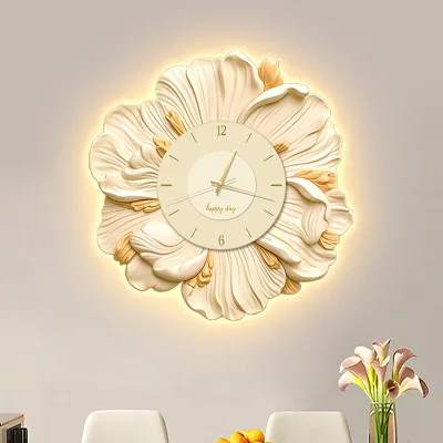 Grand Nordic Flower Wall Art Clock Living Room Decorative Painting Wall Lamp Hanging Clock Wall Art With Led Light