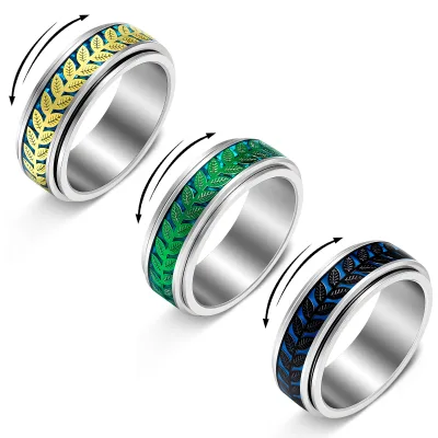 Stress Anxiety Relaxing Stainless Steel Rotatable Olive Leaf Shaped Fidget Metal Spinner Unisex Gift Band
