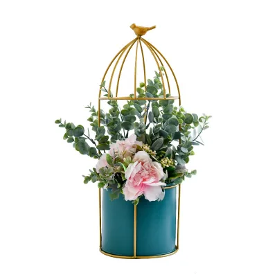 New Creative Wrought Iron Metal Decorative Ornaments Flower Arrangement Golden Bird Cage Flower Vase with the Artificial Flowers