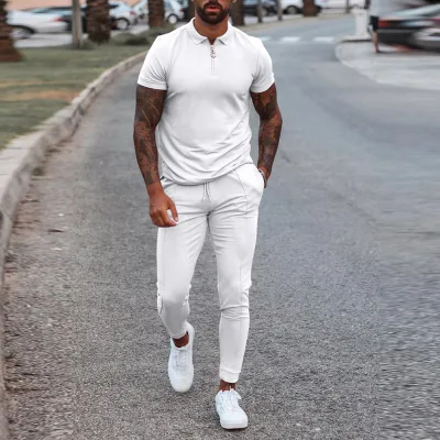 Custom Logo Mens Tracksuit Set Zip Polo Short Sleeves Stretch  Long Pants Jogging Sweat Suit Mens Two Piece Men Sets