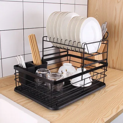 Kitchen Tableware Storage Draining Bowl Rack 2 Tier Draining Rack Japanese-style Wrought Iron Double-layer  Metal Dish Rack