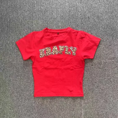 Red Cropped Stretch Slim Fitted T-shirt Summer Breathable Short Sleeve T-shirt O-neck Digital Printing Women's T-shirt