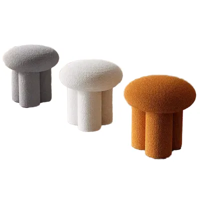 Mushroom Shaped Ottoman with Cream Boucle Fabric Fluted Base Small Accent Stool for Living Room Sofa Corner Pouf Hocker