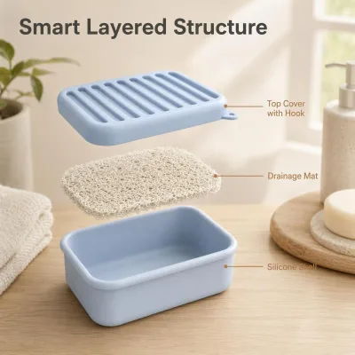 Food-grade Silicone Shampoo bar Storage Box Soap Holder Build with PVC Draining Layer for Fits Home Travel and Camping