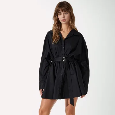 Custom logo Early Fall New Black Lapel Single-breasted Tie Belt Long-sleeved Large Size Loose Ruffled Women's Short Dresses