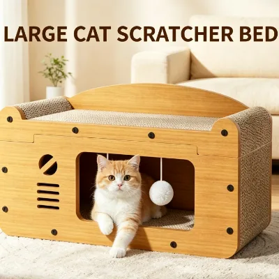 Large Wooden Cat Scratcher Bed Cozy Rest House for Indoor Cats