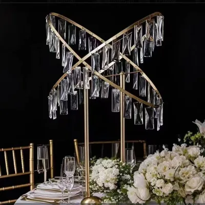 Golden Curved Cross Metal Wedding Table Decor Luxury Hanging Crystal Table Centerpiece