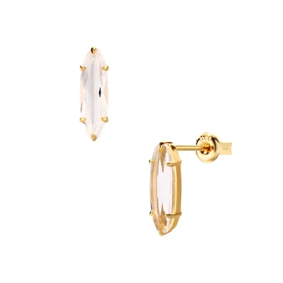 925 Sterling Silver 14K Gold Plated Gemstone Geometric Strip Rock Natural White Crystal Earrings