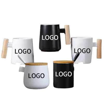 Wholesale 14oz 17oz White Wooden Porcelain Custom Logo Printed Black Ceramic Coffee Mug with Spoon