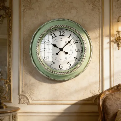18 Inch Mint Green Wall Clock Luxury Baroque Silent Quartz Decorative Rope Pattern Round Hanging Watch for Living Room Hotel