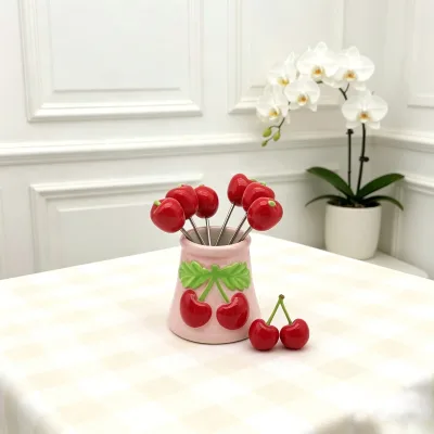 Ceramic Cherry Pattern Pink Cocktail Picks Set with Holder Fruit Forks for Party Appetizer Dessert Decorative Tableware