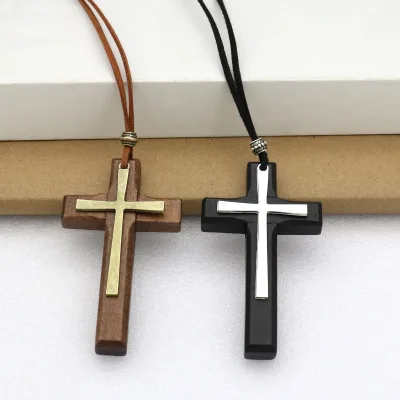 Wood and Metal Layered Cross Necklace, Minimalist Christian Pendant, Unisex Religious Gift with Leather Cord