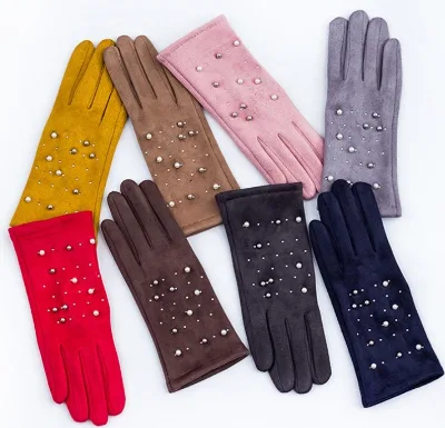 Women Faux Suede Winter Gloves With Pearls and Rhinestones Trim