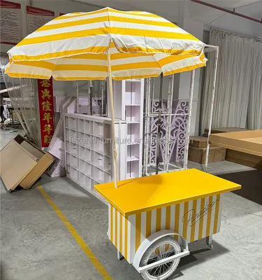 Yellow Event Candy Cart Freestanding Acrylic Sweet Wedding Cart With Umbrella Custom Square Mobile Snack Cart for Events