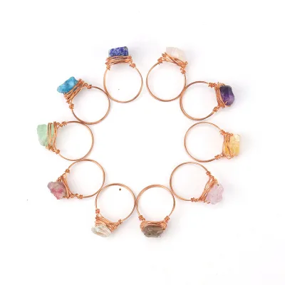 Natural Crystal Stone Winding Ring Adjustable Birth Stone Ring for Women Amethyst White Crystal Raw Stone Ring