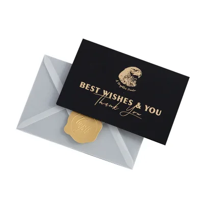 Custom Logo Printing Free Design Black Paper Card Gold Stamp Printing Customized Business Thankyou Card with Envelopes