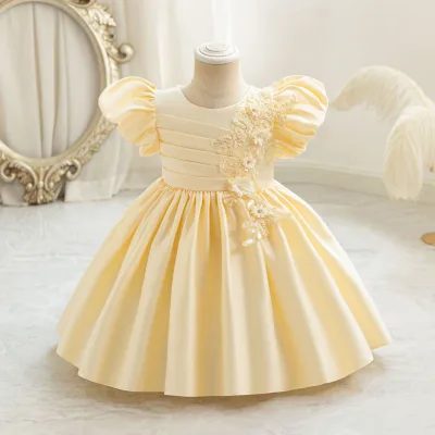 Girl's Beach Lace Dress Autumn Wear Satin New Style Children's Flower Girl Formal Dress Birthday Host Western-style Princess