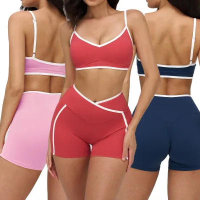 New Women 2 Piece Contrast Color Quick Dry Yoga Set Square Neck Beauty Sportswear New Push Hip Shorts Pants Yoga Workout Set