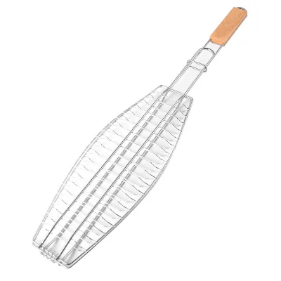 Stainless Steel Wood BBQ Basket Grilled Fish Kabob Heat Resistant Non-Stick Easy Clean Charcoal Grill Wooden Handle Minimalist