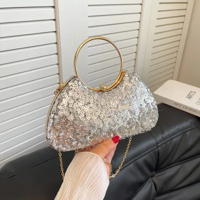 Chic Evening Clutch Silver Crossbody Bag with Hasp Handle for Women Wedding Chain Handbags