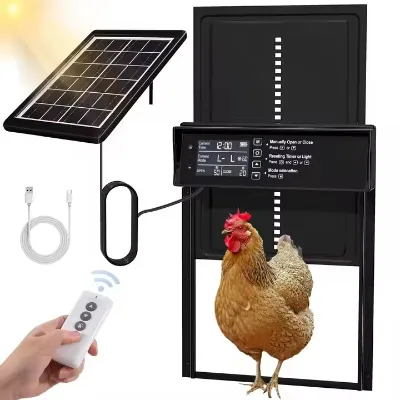LCD Display Automatic Smart Metal Chicken Animal Coop Door Solar Powered with Timer Light Sensor and Remote Control 4 Modes
