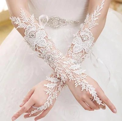 Bridal Wedding Etiquette Gloves Water-soluble Lace Flower Shaped Diamond Hook Finger Long Bride Gloves