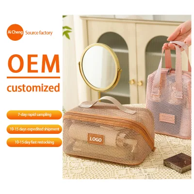 Customizable Logo Portable Multifunctional Makeup Bag Large Capacity Mesh Hollows Zipper Eco-friendly Letter for Travel Makeup