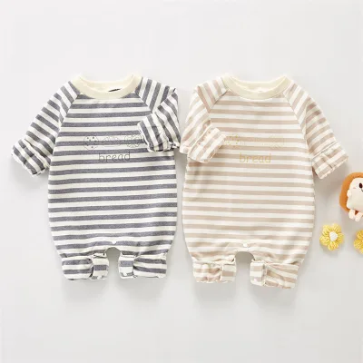 Korean Version of Spring and Autumn Baby Cartoon Striped Romper