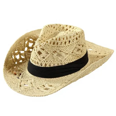 Summer Hollow Out Straw Cowboy Hat Wide Brim Sun Protection Hand Woven Vintage Western Travel Beach Hat