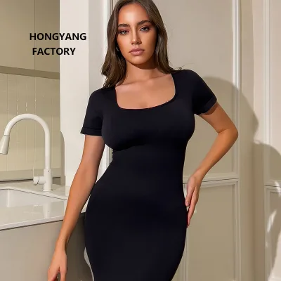 Women's Seamless Shapewear Dress Short Sleeve Medium Control Slim Design Plus Size Body Shaper Spandex/Nylon Knitted Daily Use