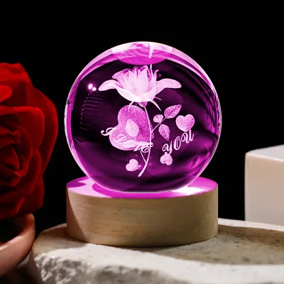 Customized logo 3D Carved Rose Heart Colored Light Crystal Ball Night Light for Desktop Decoration Valentine's Day Gift