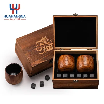 Charred Wooden Bourbon Whiskey Drinking Glasses and Natural Whisky Cooling Stones in Gift Box for Event Birthday