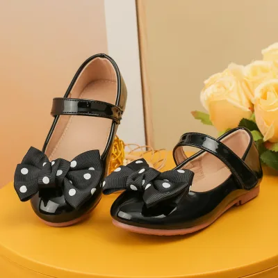 Girls' PU Upper Polka Dot Bow Princess Shoes Breathable Durable Velcro Closure Soft Sole Non-Slip Performance Dance Shoes