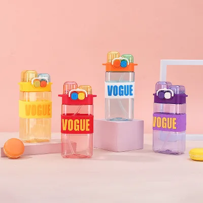 Square High Color Value Children's Double Drinking Cup Creative Outdoor Portable Straw Cup sealed Plastic Cups