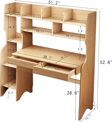 OEM Natural Rubber Wood Children Study Desk & Workstation with Drawers and Storage Shelf for School