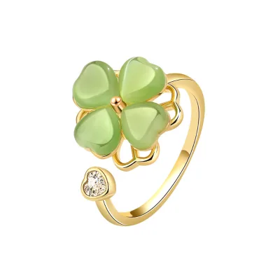 Ins Style Ring Open Ring Rotatable Green Cat's Eye Stone Four-leaf Clover Heart Inlaid Ring with Diamonds